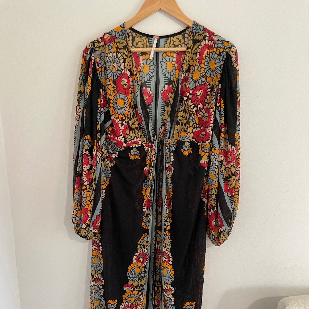 Free People Black Floral Kimono XS